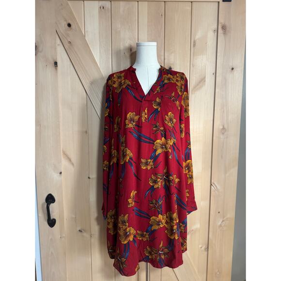 JustFab | NWT Red Tropical Floral Print Long Sleeve Tunic Top | Size Large - Picture 1 of 12